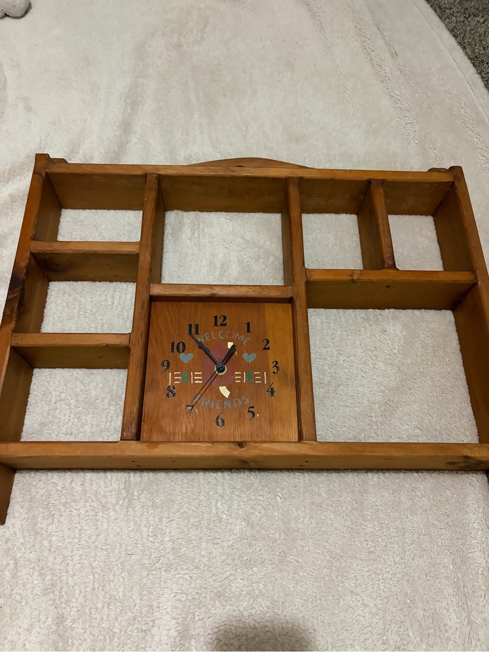 Vintage heart trinket shelf with clock